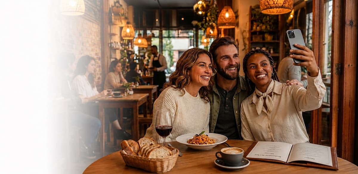Amigos felizes tirando foto num café
